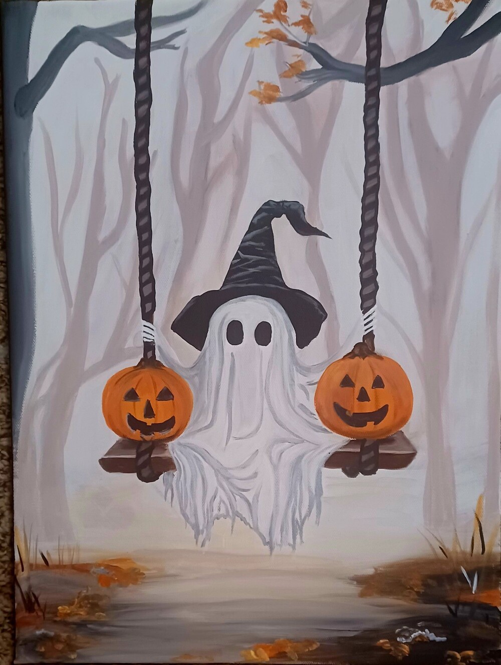 Original Acrylic Halloween Ghost Painting with Jack-o'-Lanterns